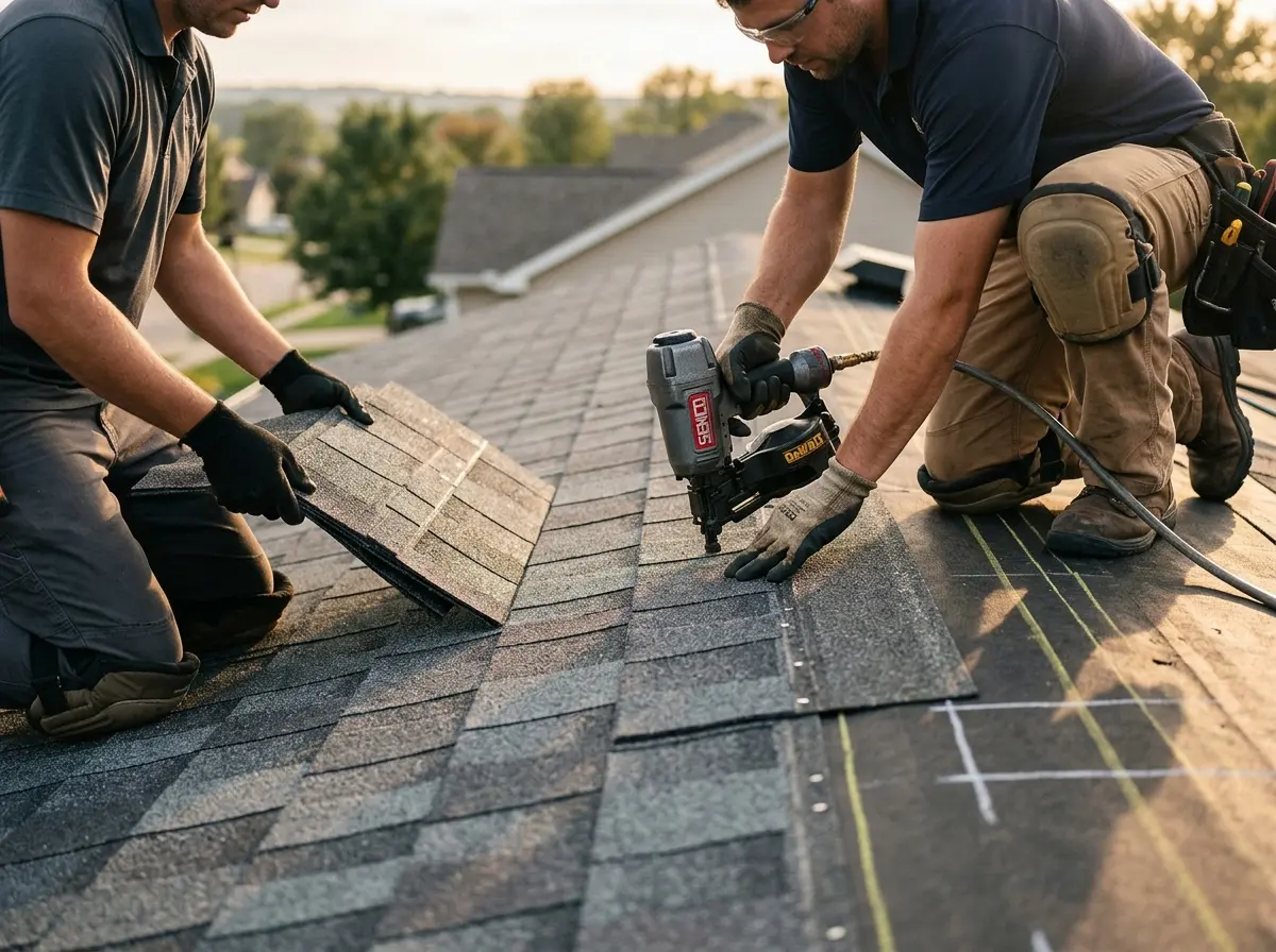 Professional roofer working on a residential roof in Corcoran